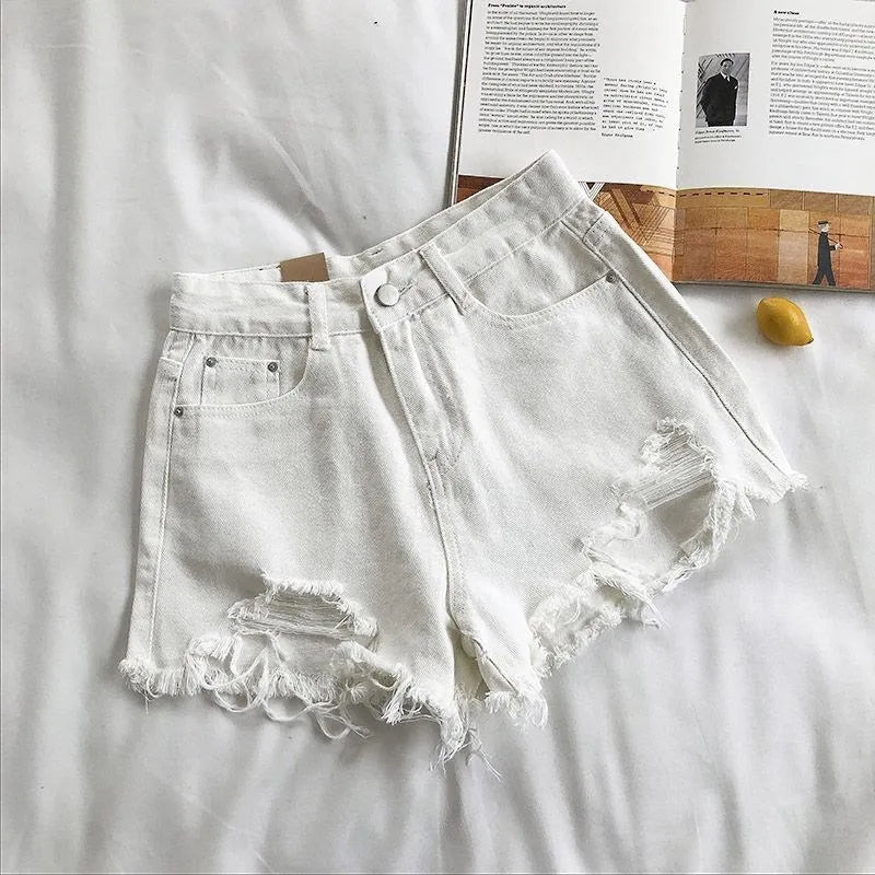 Korean Denim Shorts Women Summer Fashion Casual High Waist Ripped Jeans