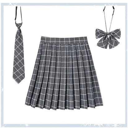 Women Plaid Pleat Skirt With Necktie Bowtie Harajuku Preppy Mini Japanese School