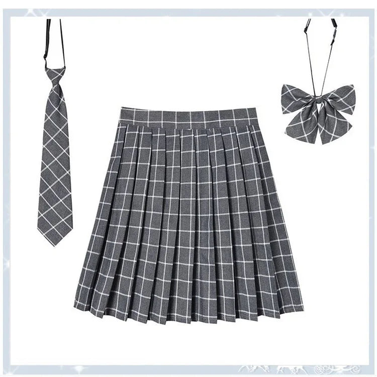 Women Plaid Pleat Skirt With Necktie Bowtie Harajuku Preppy Mini Japanese School