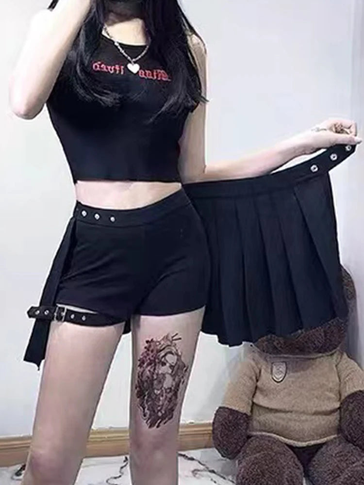 Korean Shorts Skirt Women Y2k E-girl Streetwear Harajuku Leg Ring Buckle Detachable High Waist Emo Alt Clubwear