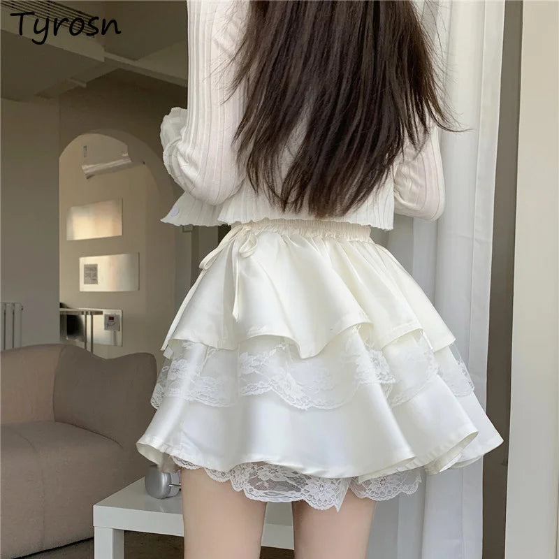 White Mini Skirts Women Lace Patchwork Sweet Ball Gown