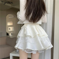 White Mini Skirts Women Lace Patchwork Sweet Ball Gown