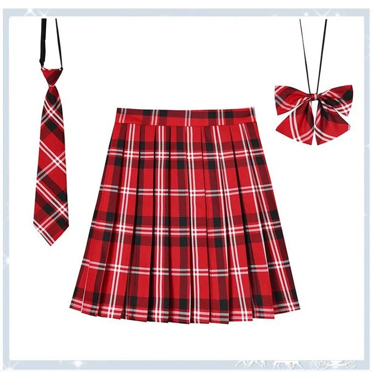 Women Plaid Pleat Skirt With Necktie Bowtie Harajuku Preppy Mini Japanese School
