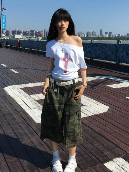 Graphic Tops Loose Off Shoulder Short Sleeve Tshirt Y2k Vintage Crop Tops American Retro 90s Grunge Tees