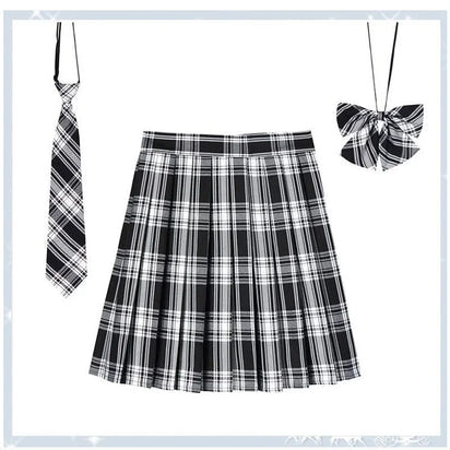 Women Plaid Pleat Skirt With Necktie Bowtie Harajuku Preppy Mini Japanese School