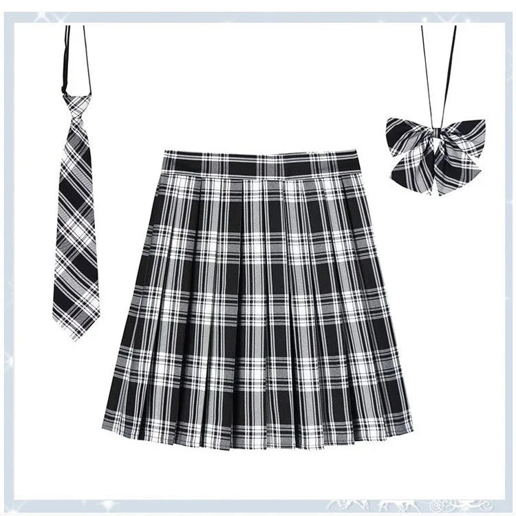Women Plaid Pleat Skirt With Necktie Bowtie Harajuku Preppy Mini Japanese School