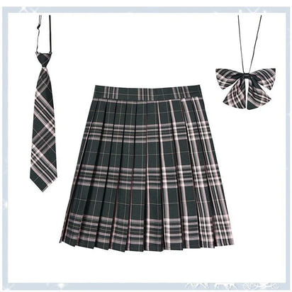 Women Plaid Pleat Skirt With Necktie Bowtie Harajuku Preppy Mini Japanese School