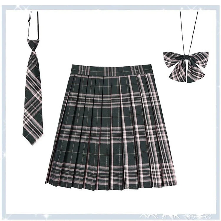 Women Plaid Pleat Skirt With Necktie Bowtie Harajuku Preppy Mini Japanese School