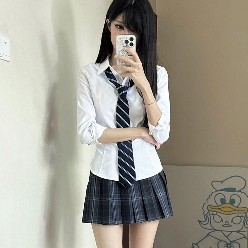 Y2K Slim Fit White Shirt Women Waist Slimming Long Sleeve Jk Shirts Turn Down Collar Chic Blouse