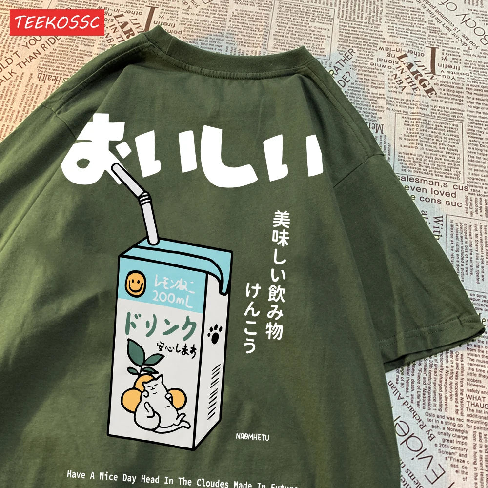 Harajuku Cute Cat Print Oversized T-shirt Streetwear Tops Cotton