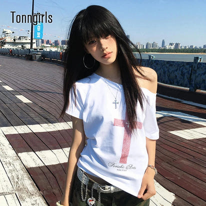 Graphic Tops Loose Off Shoulder Short Sleeve Tshirt Y2k Vintage Crop Tops American Retro 90s Grunge Tees