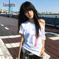 Graphic Tops Loose Off Shoulder Short Sleeve Tshirt Y2k Vintage Crop Tops American Retro 90s Grunge Tees