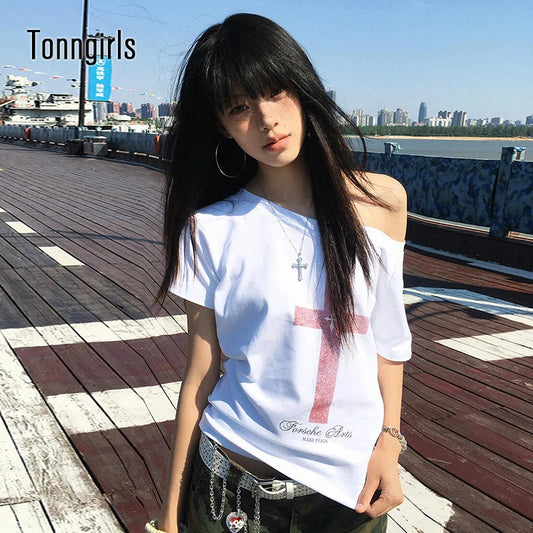 Graphic Tops Loose Off Shoulder Short Sleeve Tshirt Y2k Vintage Crop Tops American Retro 90s Grunge Tees