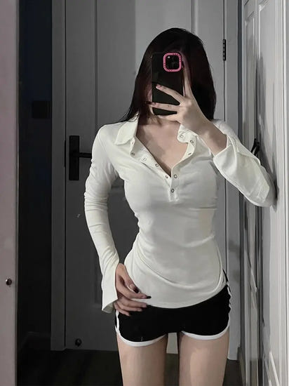 Long Sleeve Solid Color Turn Down Collar Sexy Simple Korean Style Ins Minimalist Prevalent Casual Chic