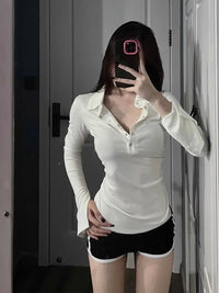 Long Sleeve Solid Color Turn Down Collar Sexy Simple Korean Style Ins Minimalist Prevalent Casual Chic