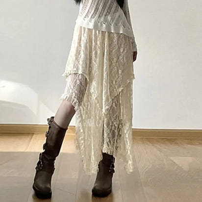 Korean Lace Layered Vintage Y2K High Waist Asymmetrical A-line Skirt
