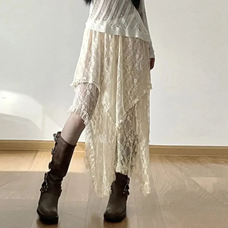 Korean Lace Layered Vintage Y2K High Waist Asymmetrical A-line Skirt