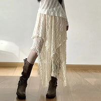 Korean Lace Layered Vintage Y2K High Waist Asymmetrical A-line Skirt