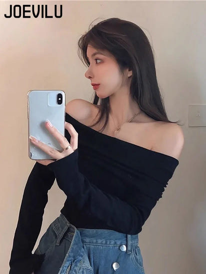 Off Shoulder Top French Collarbone Long Sleeved