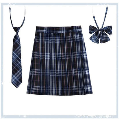 Women Plaid Pleat Skirt With Necktie Bowtie Harajuku Preppy Mini Japanese School