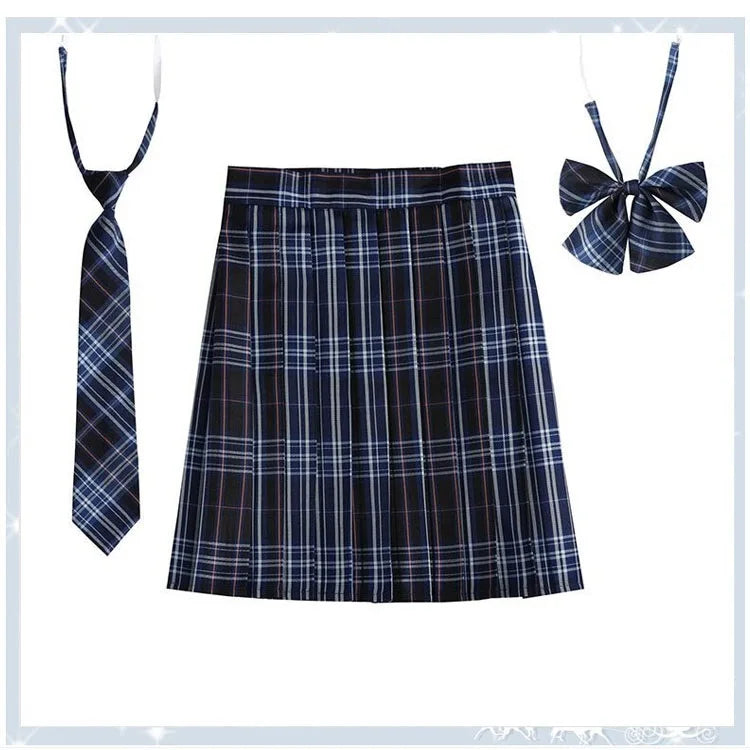 Women Plaid Pleat Skirt With Necktie Bowtie Harajuku Preppy Mini Japanese School