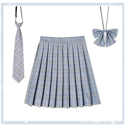 Women Plaid Pleat Skirt With Necktie Bowtie Harajuku Preppy Mini Japanese School