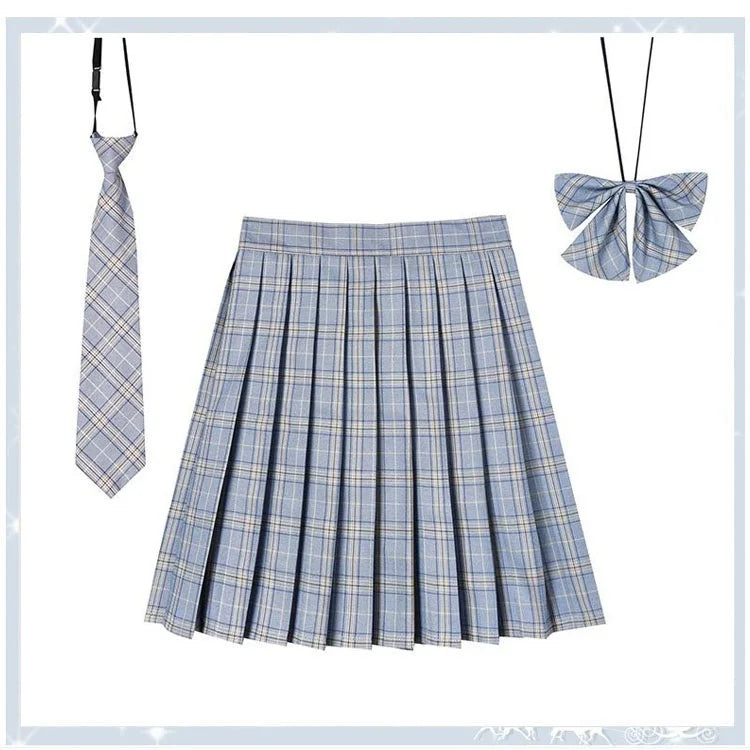 Women Plaid Pleat Skirt With Necktie Bowtie Harajuku Preppy Mini Japanese School