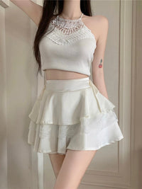White Mini Skirts Women Lace Patchwork Sweet Ball Gown