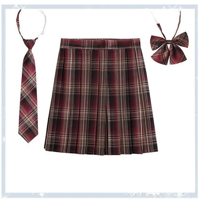 Women Plaid Pleat Skirt With Necktie Bowtie Harajuku Preppy Mini Japanese School