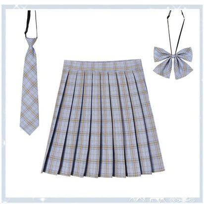 Women Plaid Pleat Skirt With Necktie Bowtie Harajuku Preppy Mini Japanese School