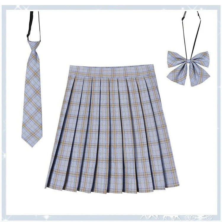 Women Plaid Pleat Skirt With Necktie Bowtie Harajuku Preppy Mini Japanese School