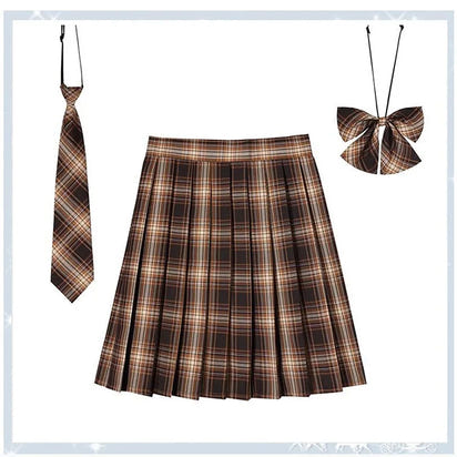 Women Plaid Pleat Skirt With Necktie Bowtie Harajuku Preppy Mini Japanese School