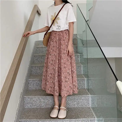 Vintage Floral Print A-line Pleated Long Skirts