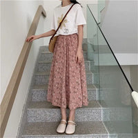 Vintage Floral Print A-line Pleated Long Skirts