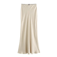 Spring Women's Satin Bow-Decorated High-Waist A-Line Long Skirt