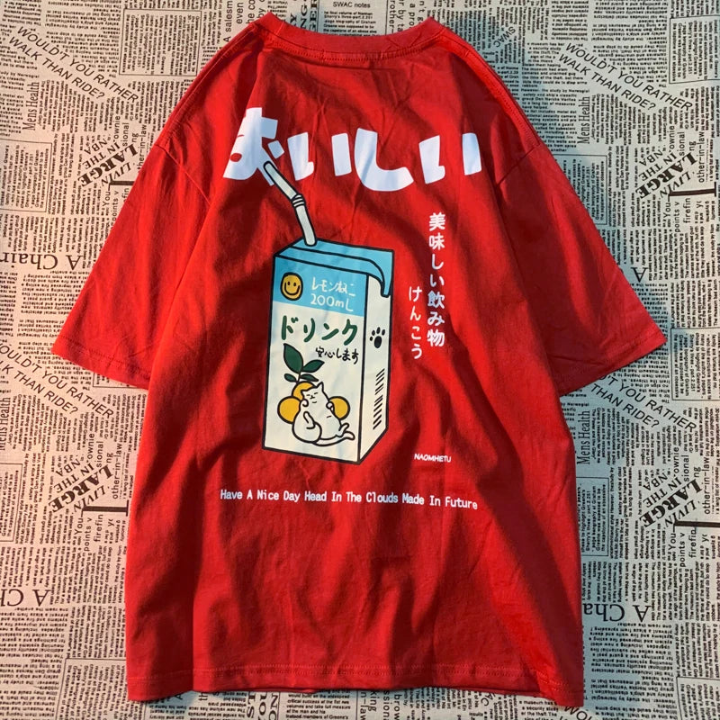 Harajuku Cute Cat Print Oversized T-shirt Streetwear Tops Cotton