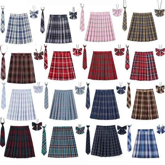 Women Plaid Pleat Skirt With Necktie Bowtie Harajuku Preppy Mini Japanese School