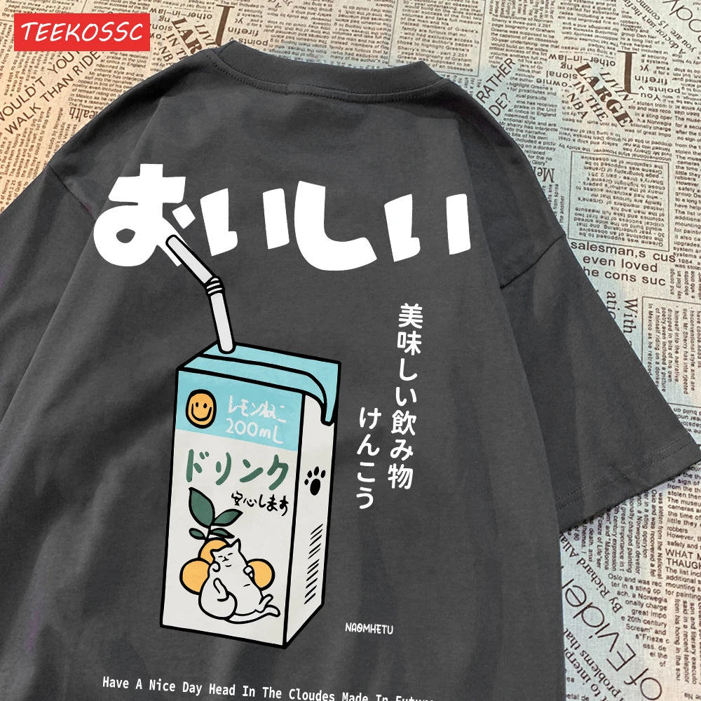 Harajuku Cute Cat Print Oversized T-shirt Streetwear Tops Cotton