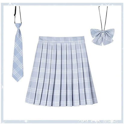 Women Plaid Pleat Skirt With Necktie Bowtie Harajuku Preppy Mini Japanese School