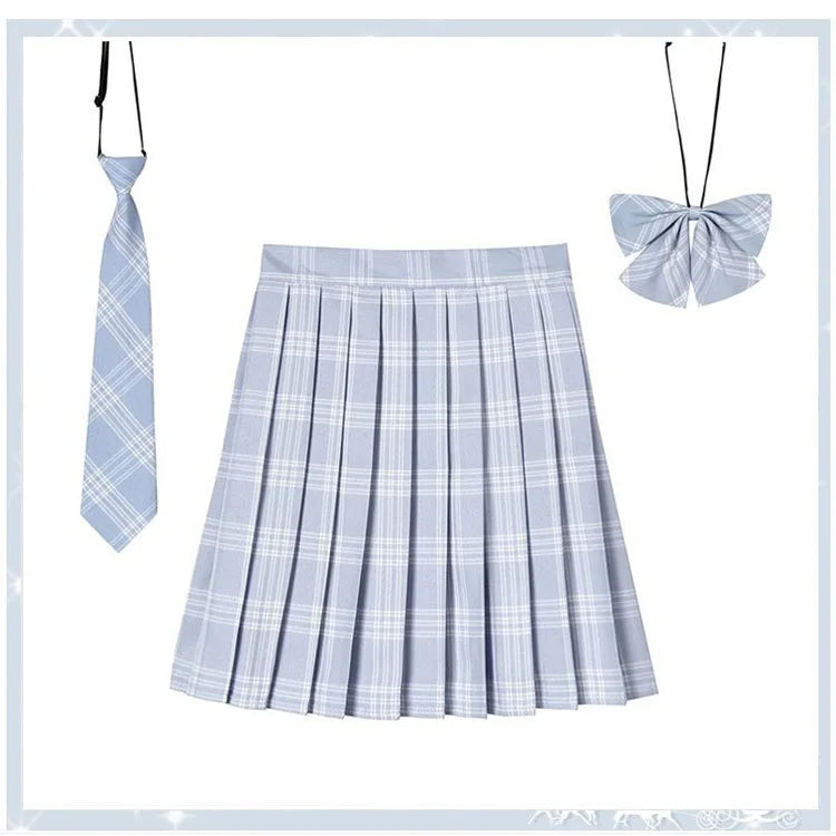 Women Plaid Pleat Skirt With Necktie Bowtie Harajuku Preppy Mini Japanese School