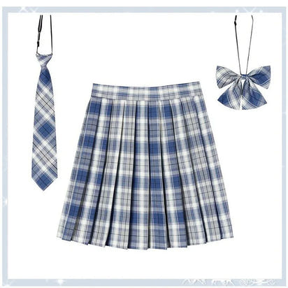 Women Plaid Pleat Skirt With Necktie Bowtie Harajuku Preppy Mini Japanese School