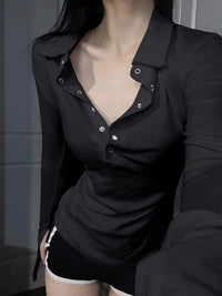 Long Sleeve Solid Color Turn Down Collar Sexy Simple Korean Style Ins Minimalist Prevalent Casual Chic