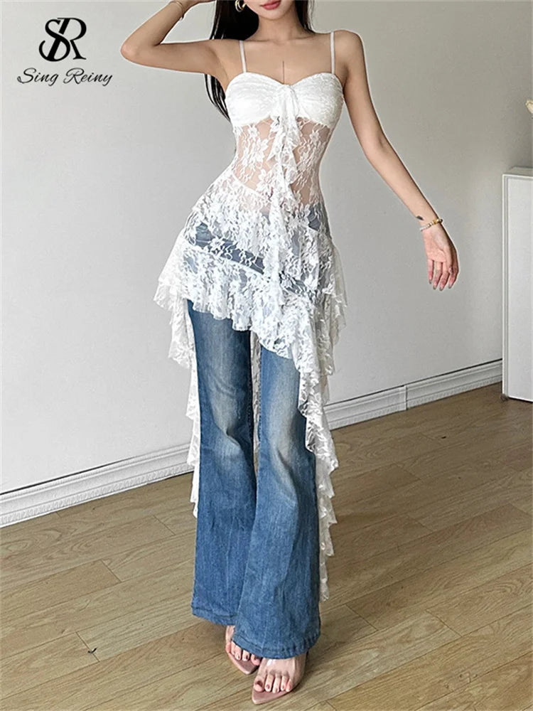 Women Lace Irregular Long Dress Camis Sheath Sensual Sheer Dress