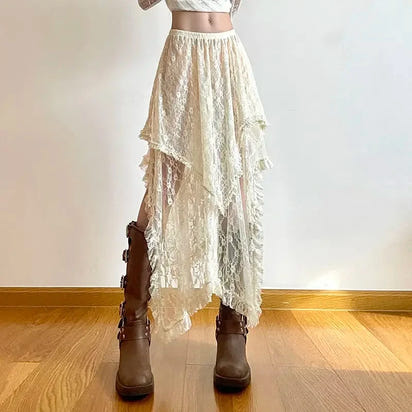 Korean Lace Layered Vintage Y2K High Waist Asymmetrical A-line Skirt
