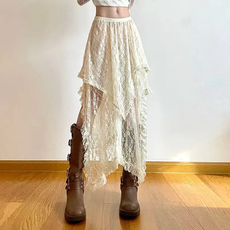 Korean Lace Layered Vintage Y2K High Waist Asymmetrical A-line Skirt