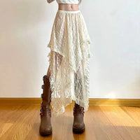Korean Lace Layered Vintage Y2K High Waist Asymmetrical A-line Skirt