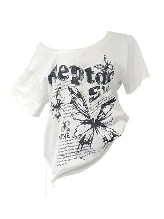 Y2k Vintage Oversize Off shoulder Short sleeve T shirt