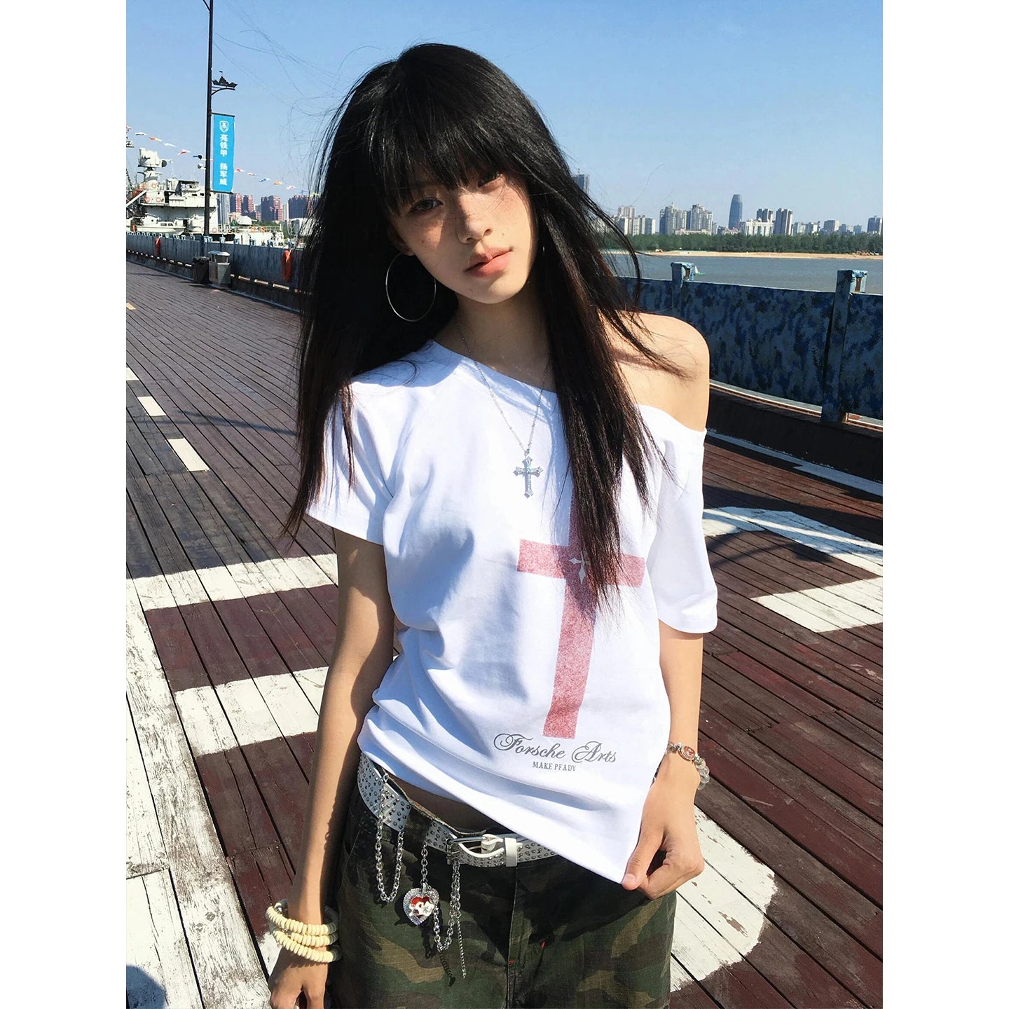 Graphic Tops Loose Off Shoulder Short Sleeve Tshirt Y2k Vintage Crop Tops American Retro 90s Grunge Tees