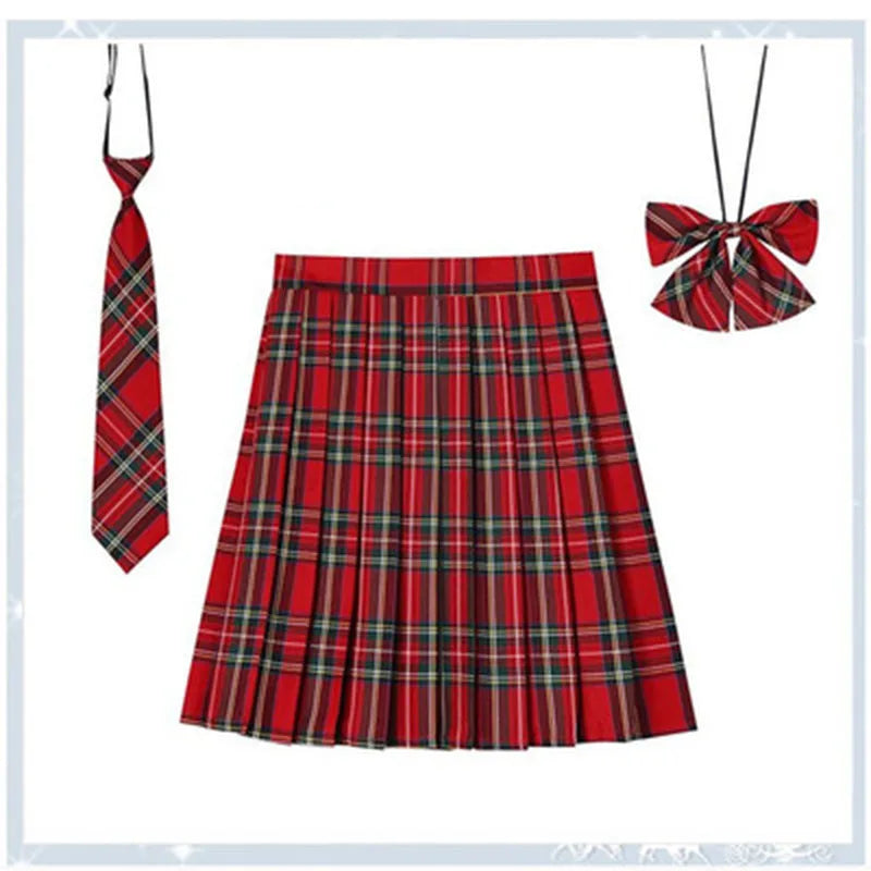 Women Plaid Pleat Skirt With Necktie Bowtie Harajuku Preppy Mini Japanese School