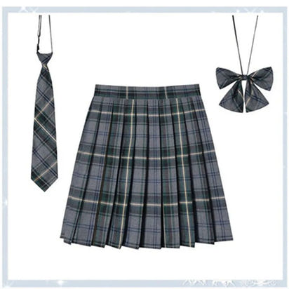 Women Plaid Pleat Skirt With Necktie Bowtie Harajuku Preppy Mini Japanese School